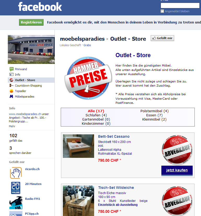 Facebook Outlet-Store für Ausstellungsstücke